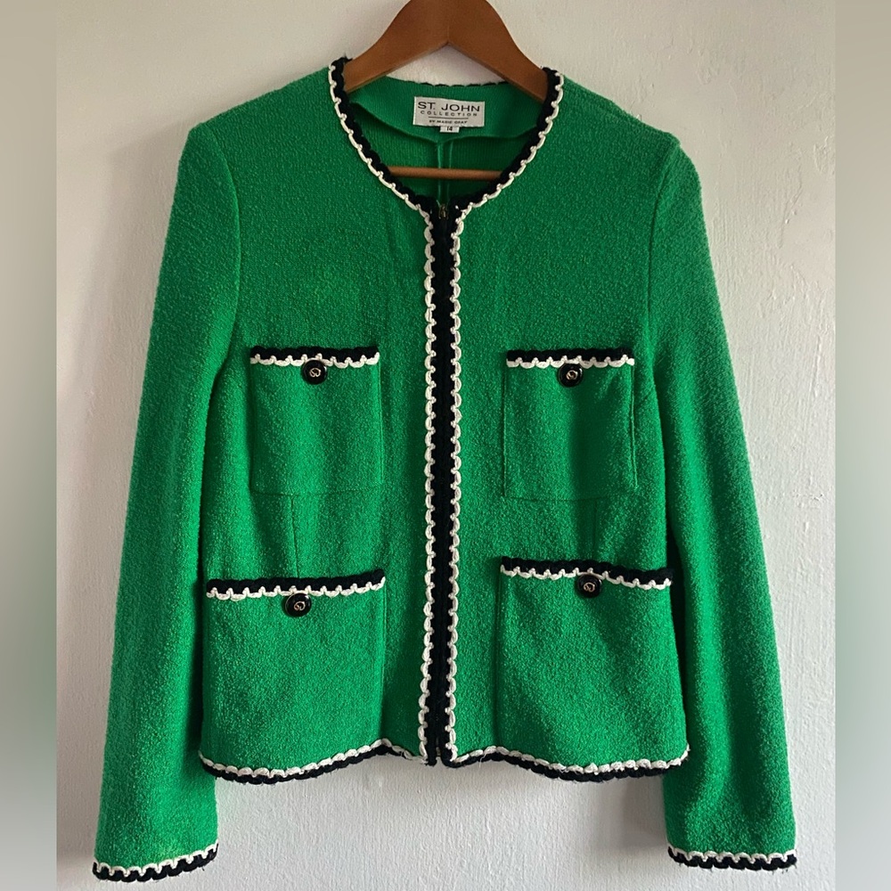 St. John Emerald Green Textured Bouclé Jacket with Black & White Trim